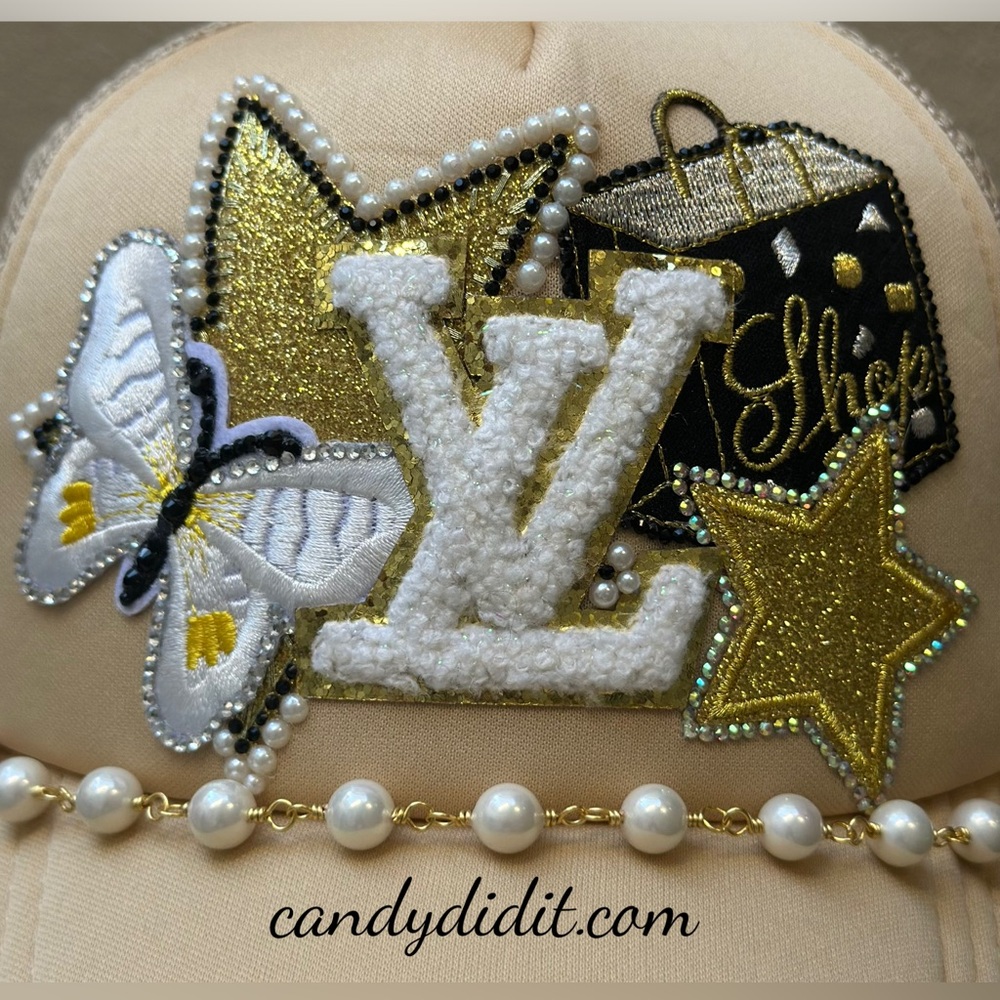 Beautiful Handmade LV Embellished Beige Cap with Pearls and Patches - Picture 3 of 9